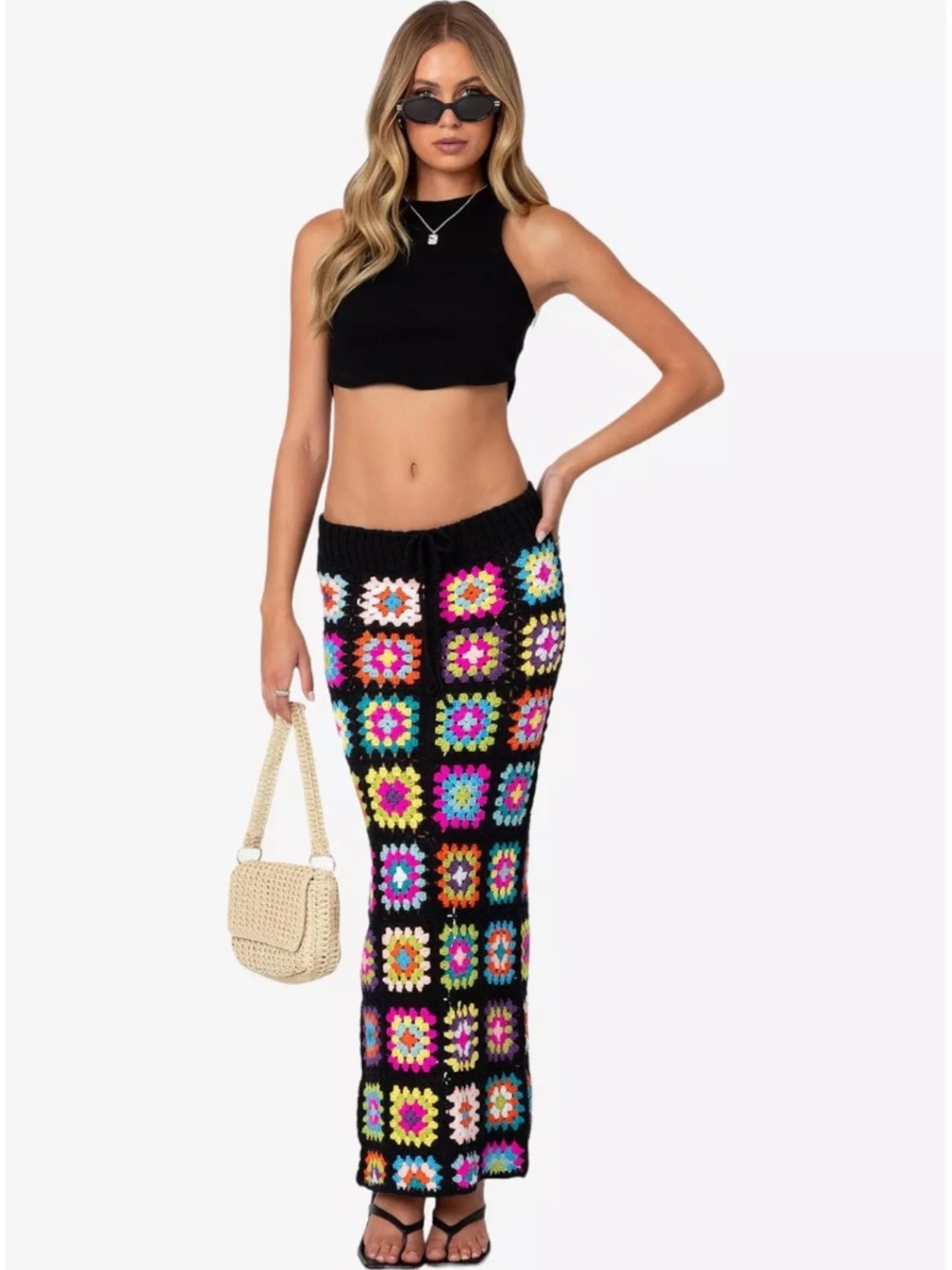 Edikted Black Crochet Maxi Skirt with Bright Multicolor Squares